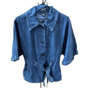Kikit Denim Jacket Buttons 3/4 Sleeve Pockets Belted Cotton Point Collar XL